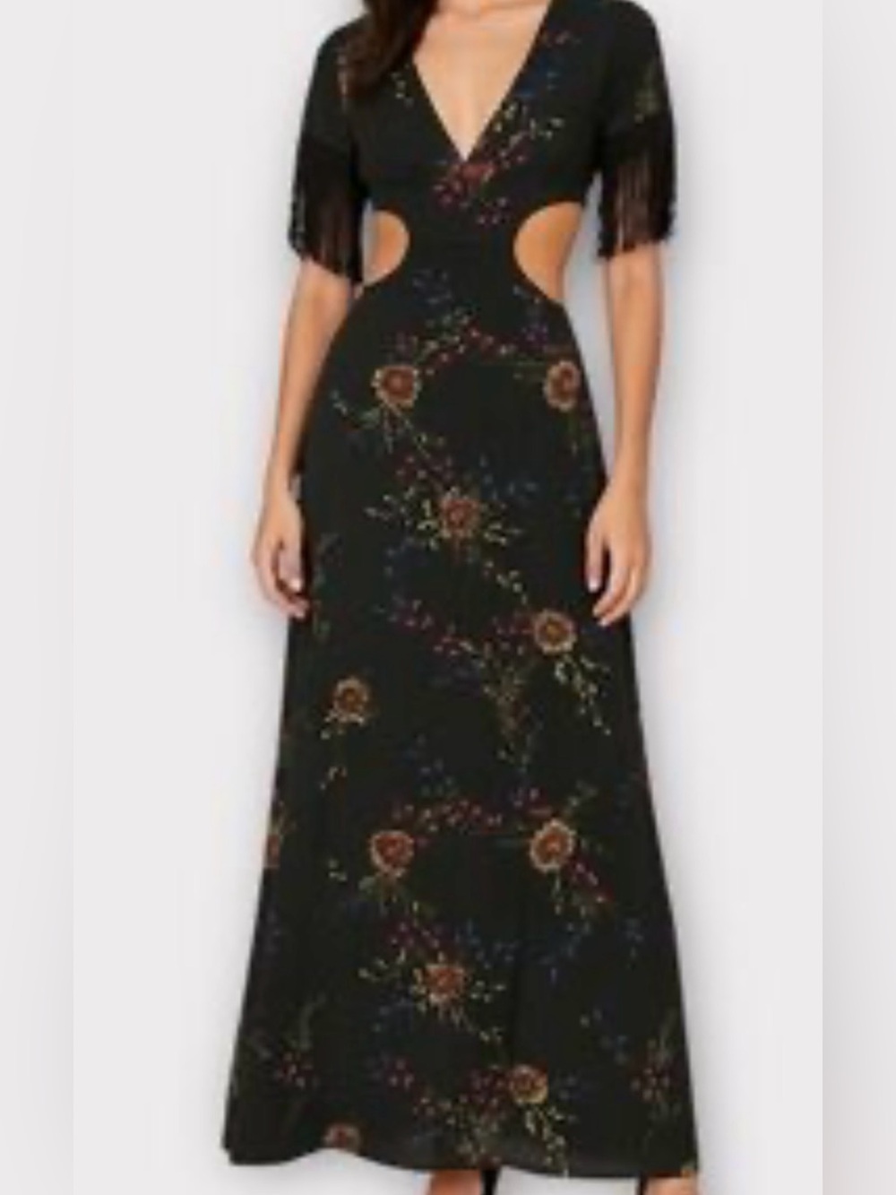 Honey Punch Black Maxi Dress - boho style with Multicolor Floral Embroidery